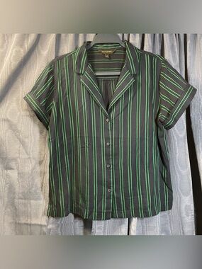 Banana Republic Navy & Green Stripe Cuban Camp Shirt Size M